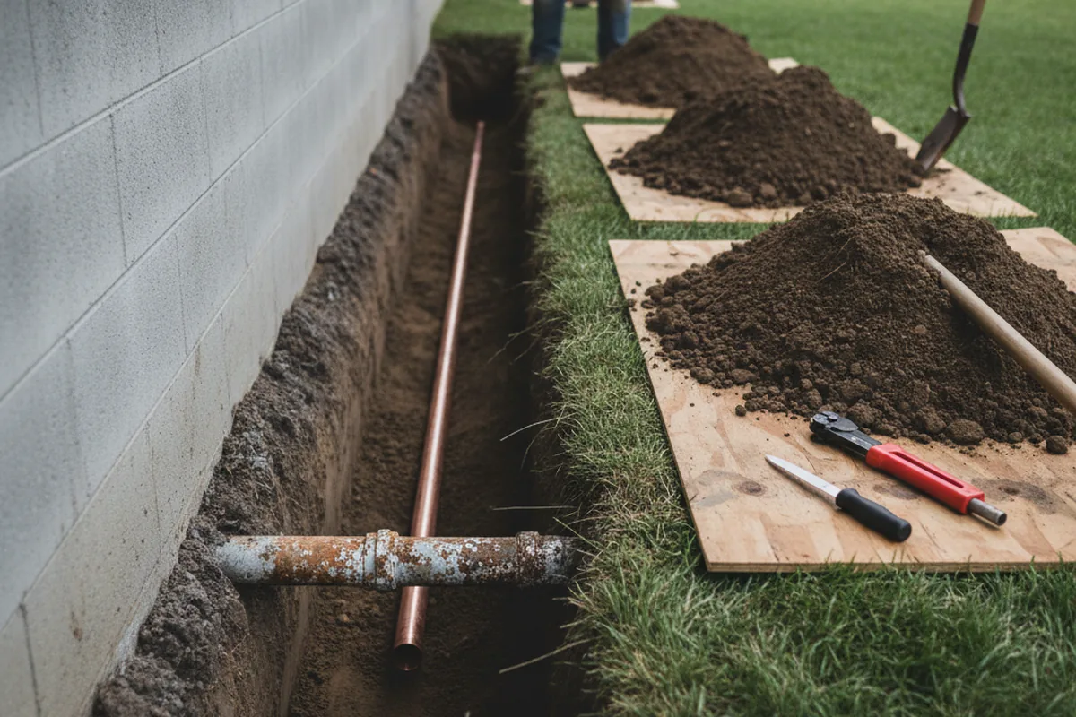 Excavated water line trench during Water Heater Repair in Rescue